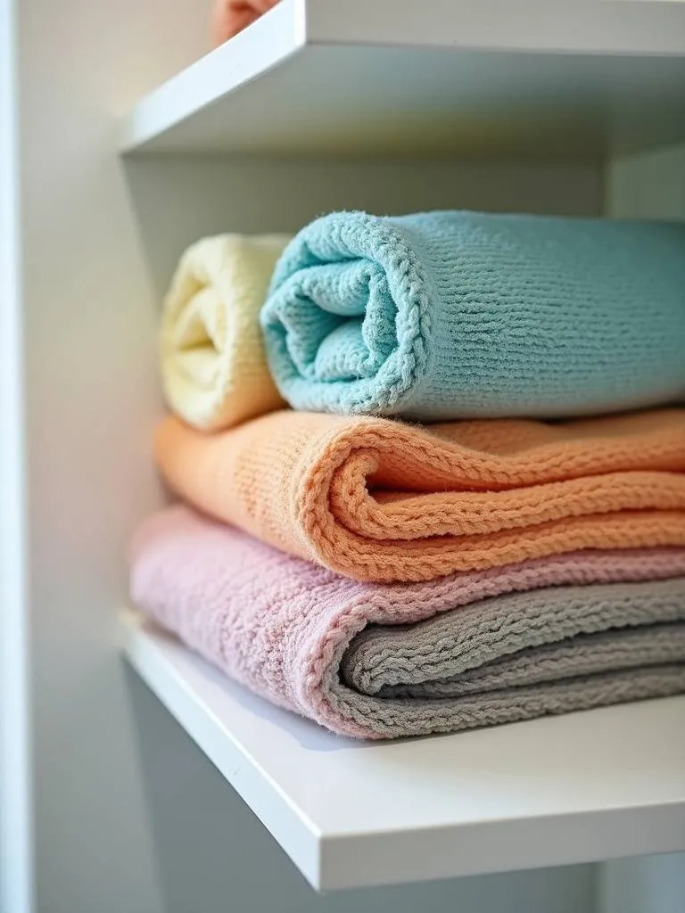 A set of colorful washcloths rolled up and neatly stacked on a bathroom shelf