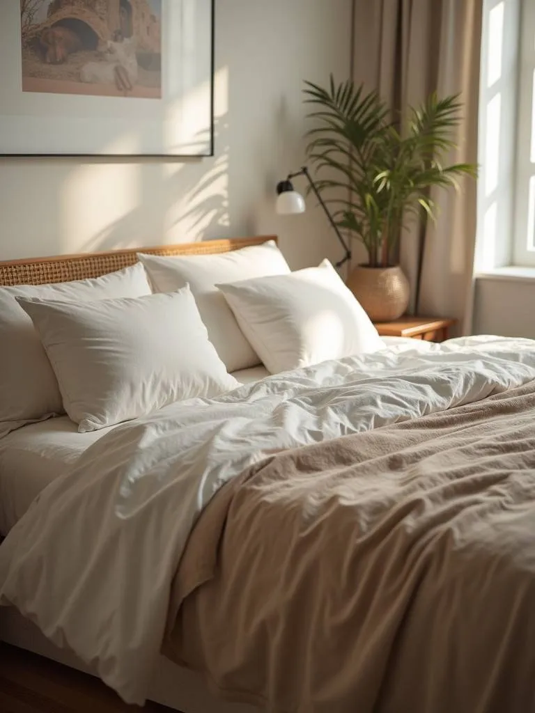 A bed with soft and inviting bedding materials.