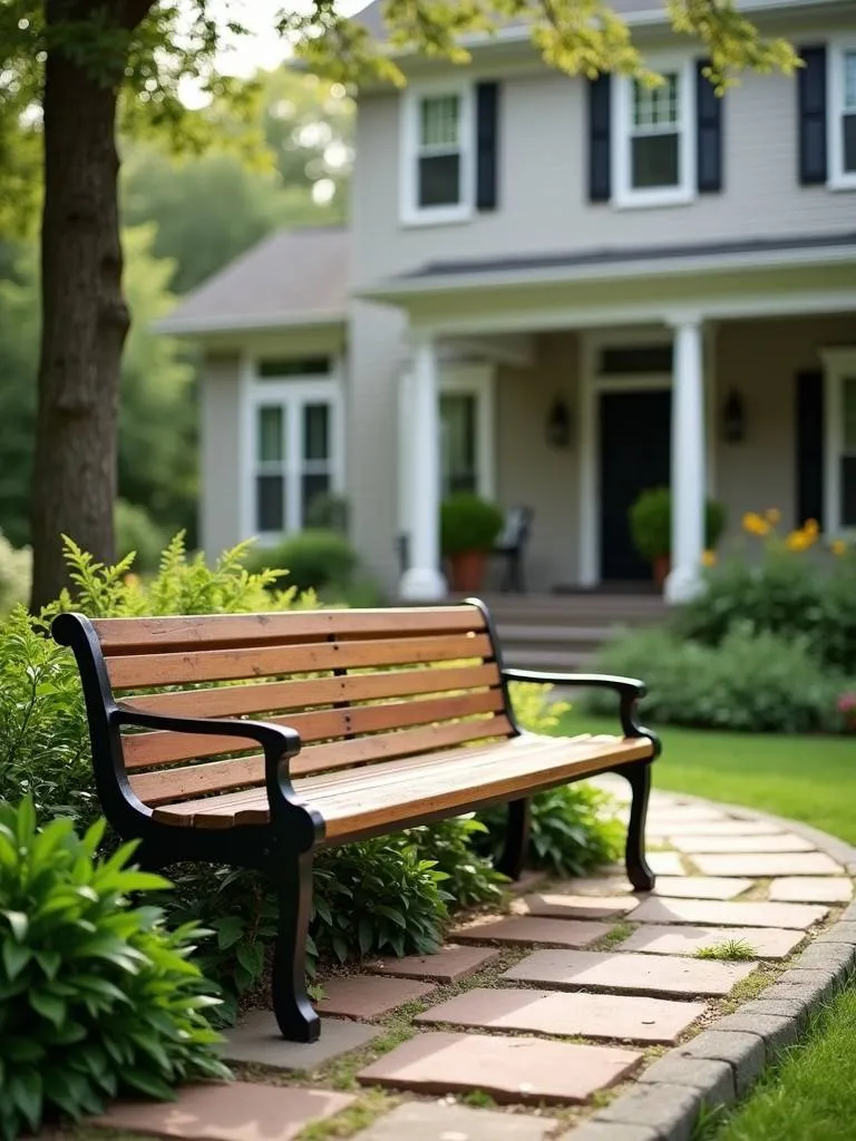 A comfortable bench placed in a front yard surrounded by plants.