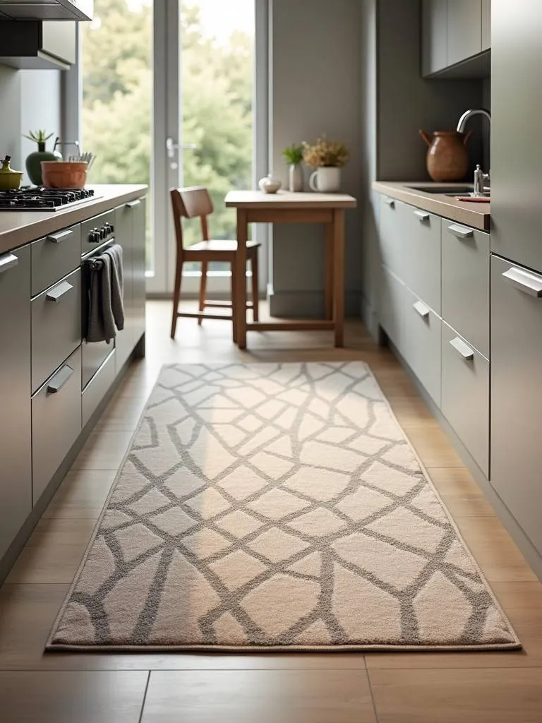 Modern kitchen with a comfortable kitchen rug.