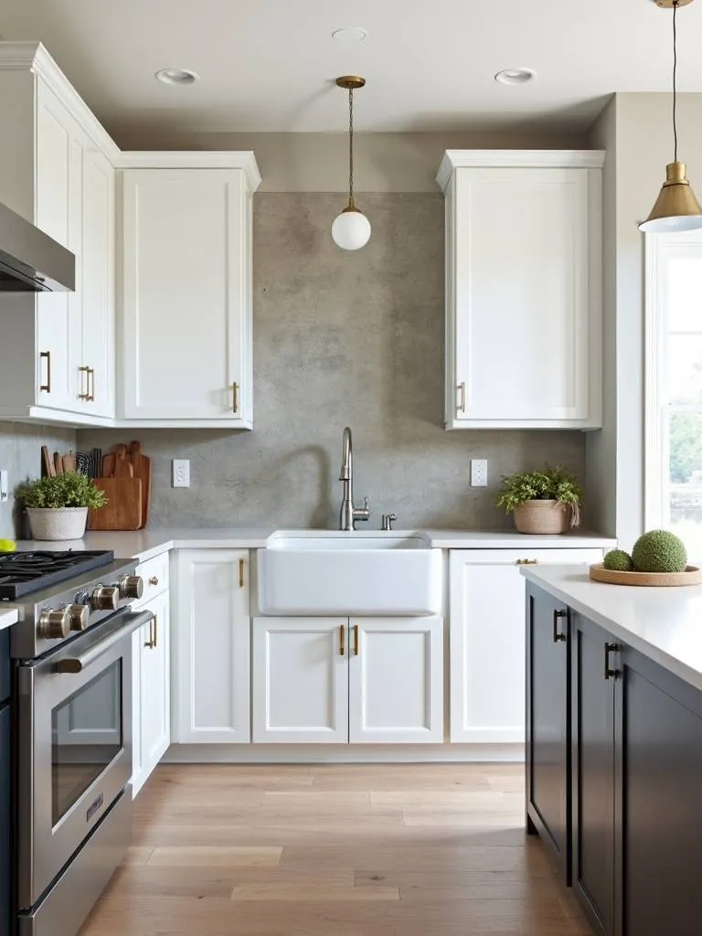 A kitchen with white cabinets and a concrete backsplash