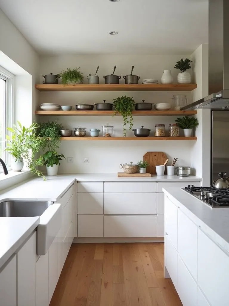 A kitchen with bright white walls and open wood shelves with cookware and plants.