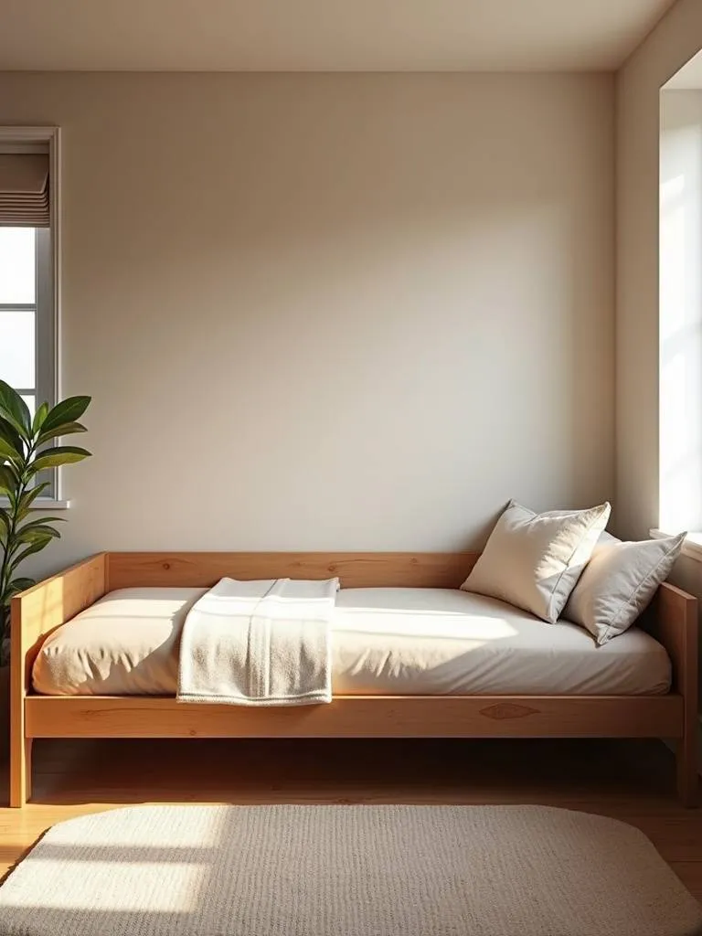 A small bedroom is organized with a daybed as the focal point.