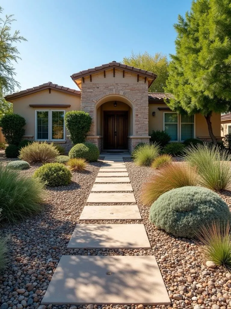 Xeriscaped front yard with drought tolerant plants and gravel