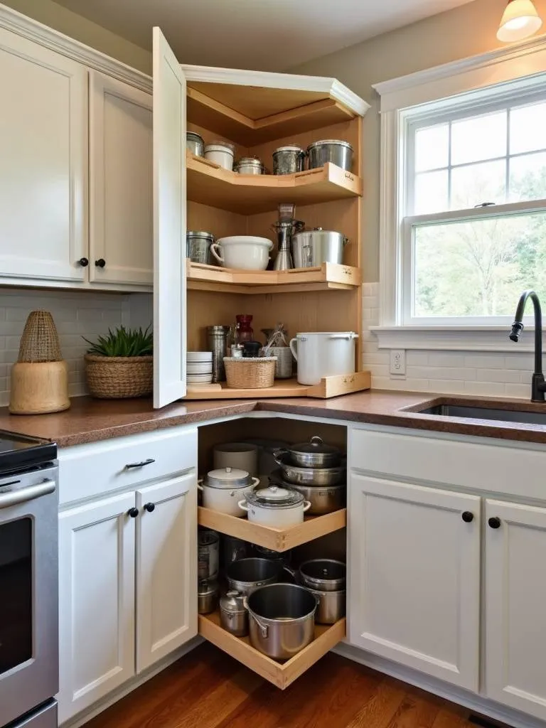 Image of a pull-out shelving unit for a corner cabinet holding cookware and other kitchen accessories