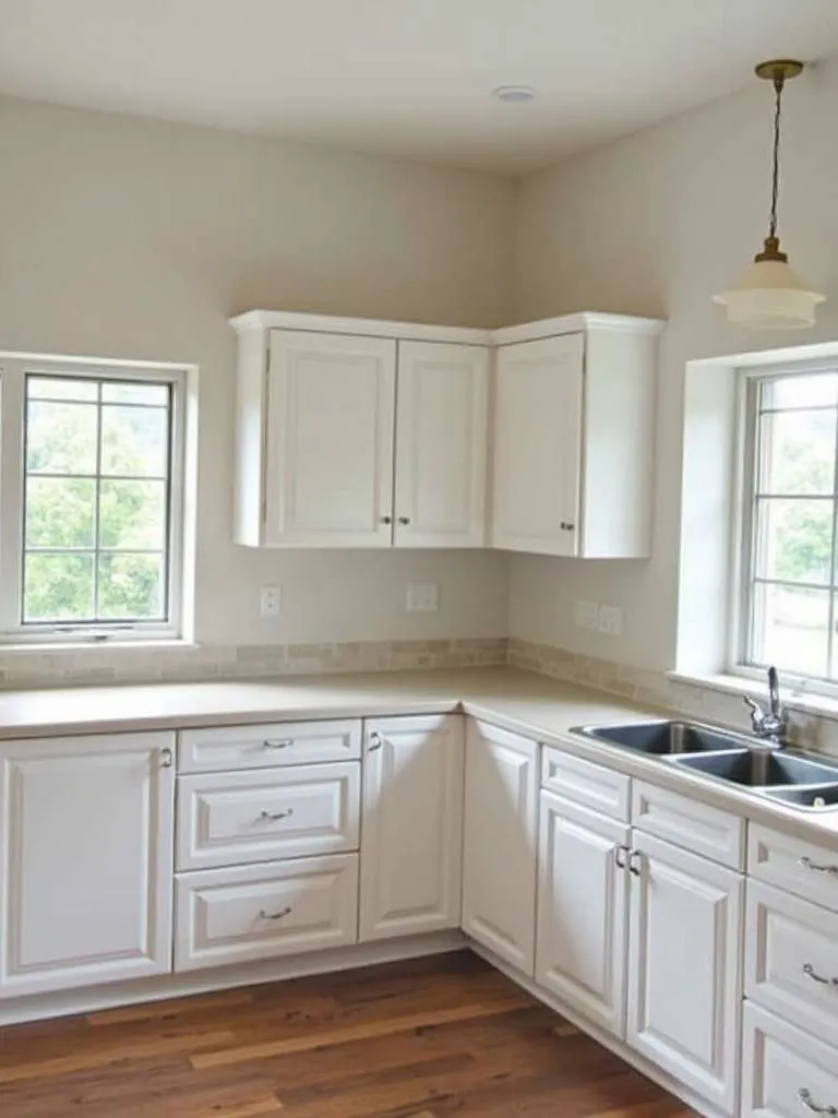 Kitchen with a corner cabinet solution.