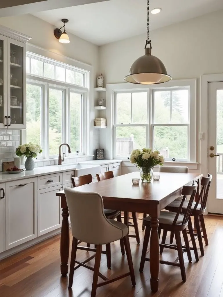 A counter-height farmhouse table placed in a bright, modern kitchen designed using a natural farmhouse style