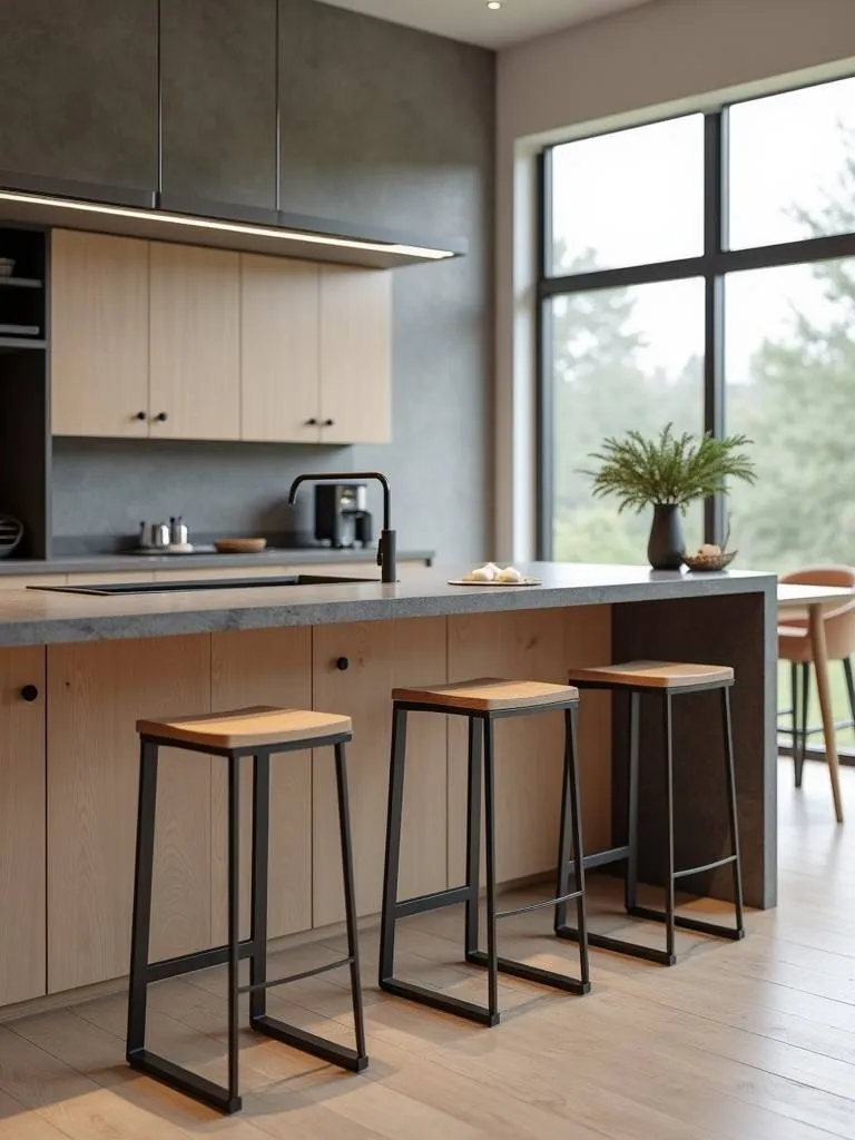 Modern kitchen with bar stools at the island.