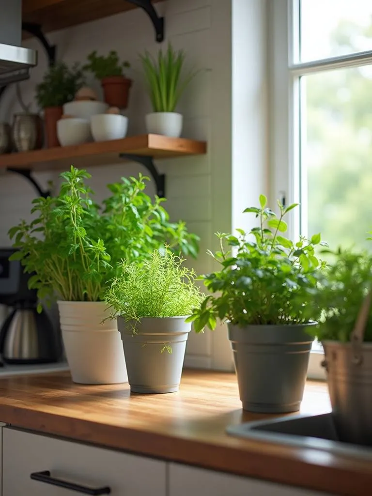 A beautifully organized kitchen counter featuring pots with fresh herbs and small plants.