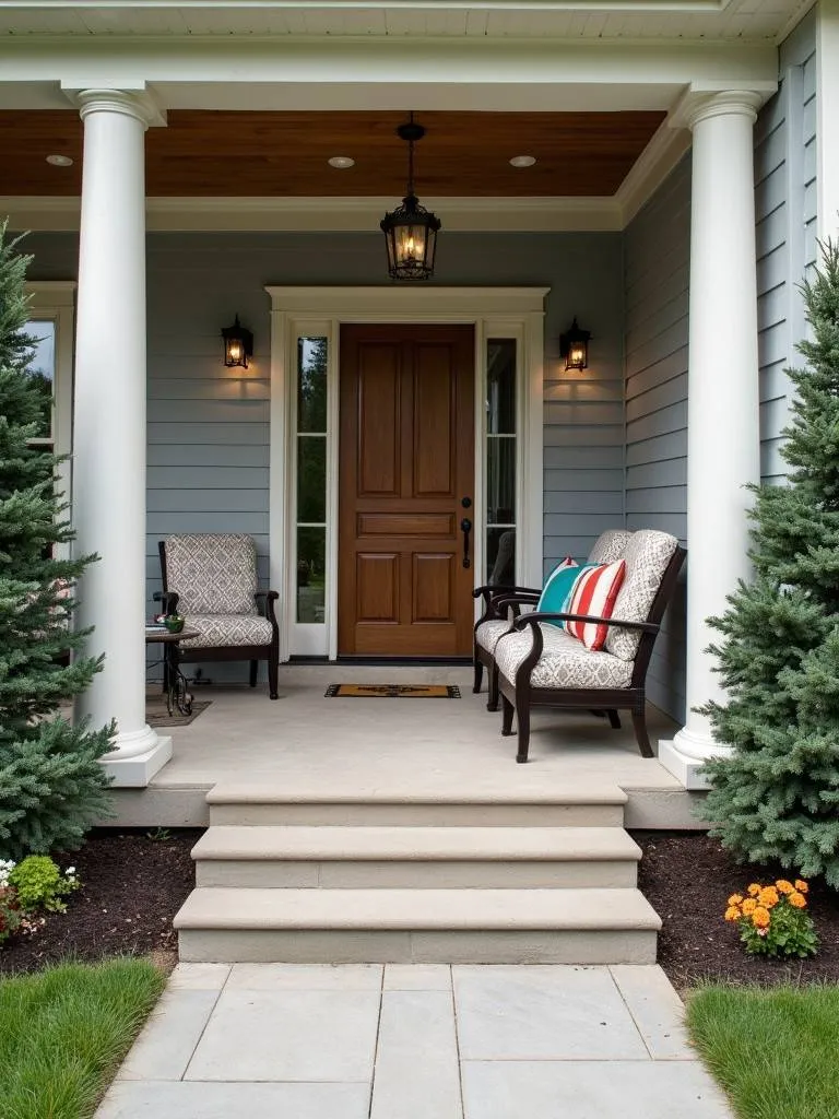 A cozy outdoor seating area on a front porch with chairs, cushions, and a small table.