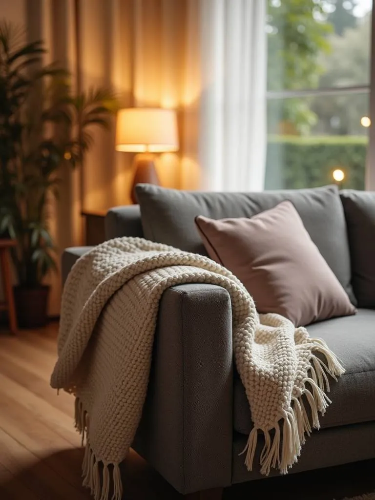 A cozy throw blanket draped on the arm of a living room sofa.
