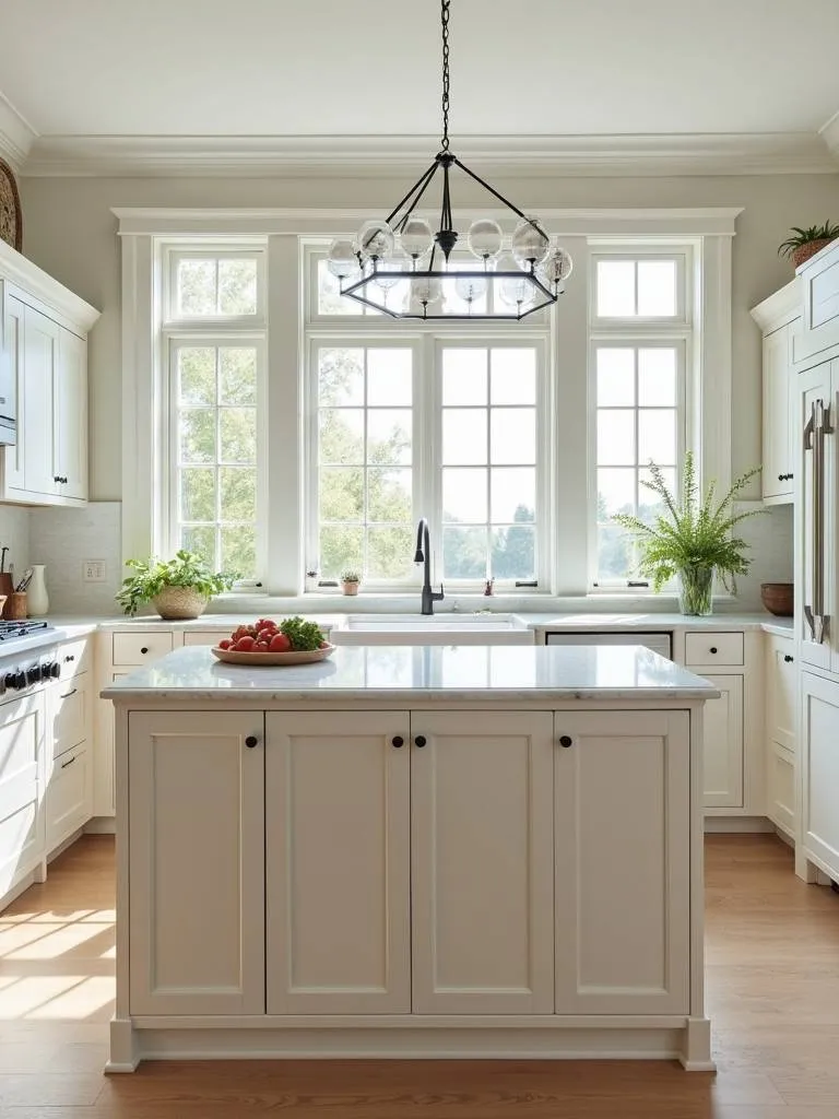 A traditional white kitchen with a gentle creamy off-white island and a light marble countertop