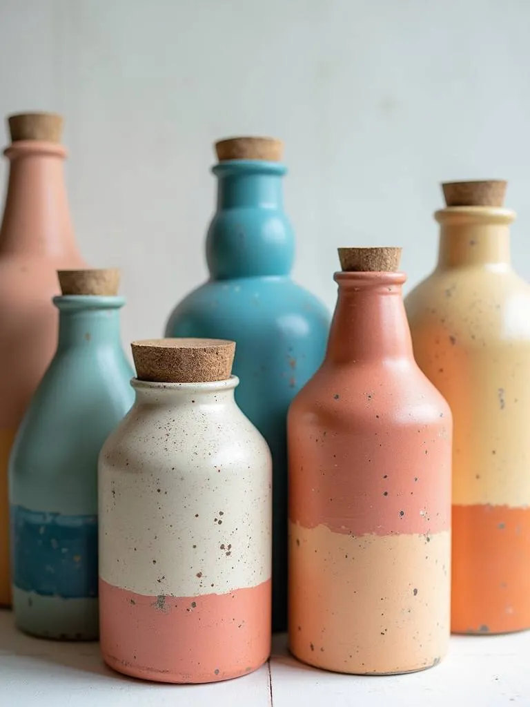 A variety of uniquely painted glass jars and bottles creating a colorful and artistic display