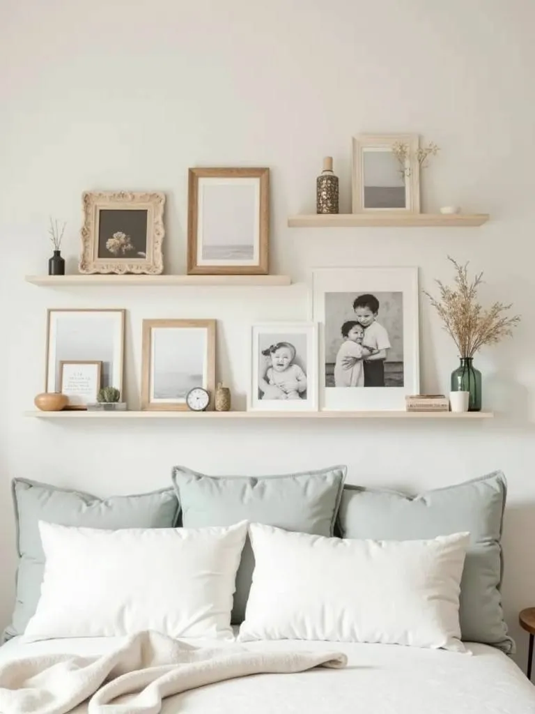 A picture ledge on a bedroom wall featuring a layered display of framed photos and decorative objects