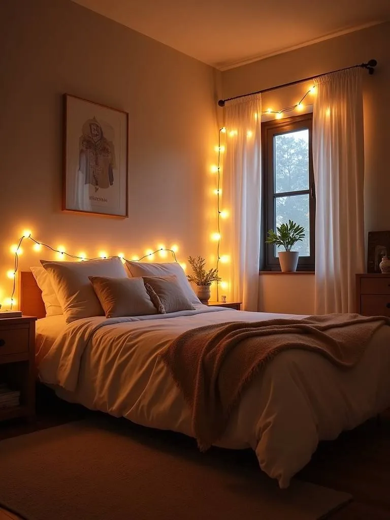 A cozy bedroom scene with soft, warm lighting created by fairy lights draped along the headboard and window