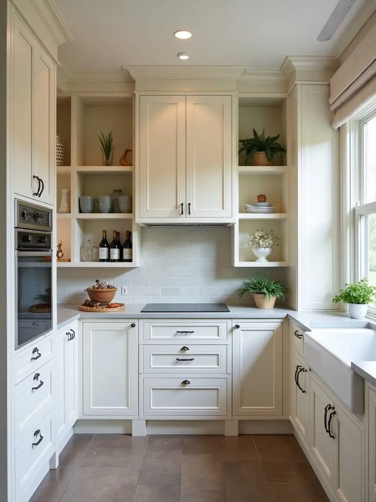 Butler’s pantry with cabinets, open shelves, and prep sink.