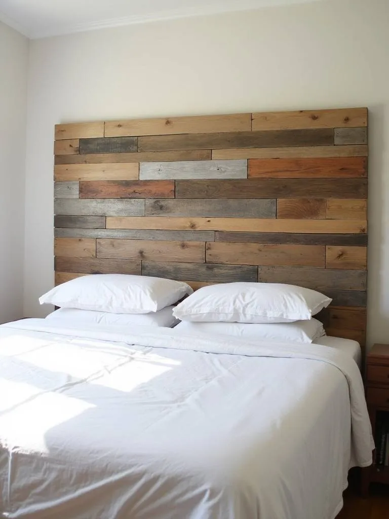 A bed with a DIY headboard made from reclaimed wood, adding a rustic touch to the bedroom