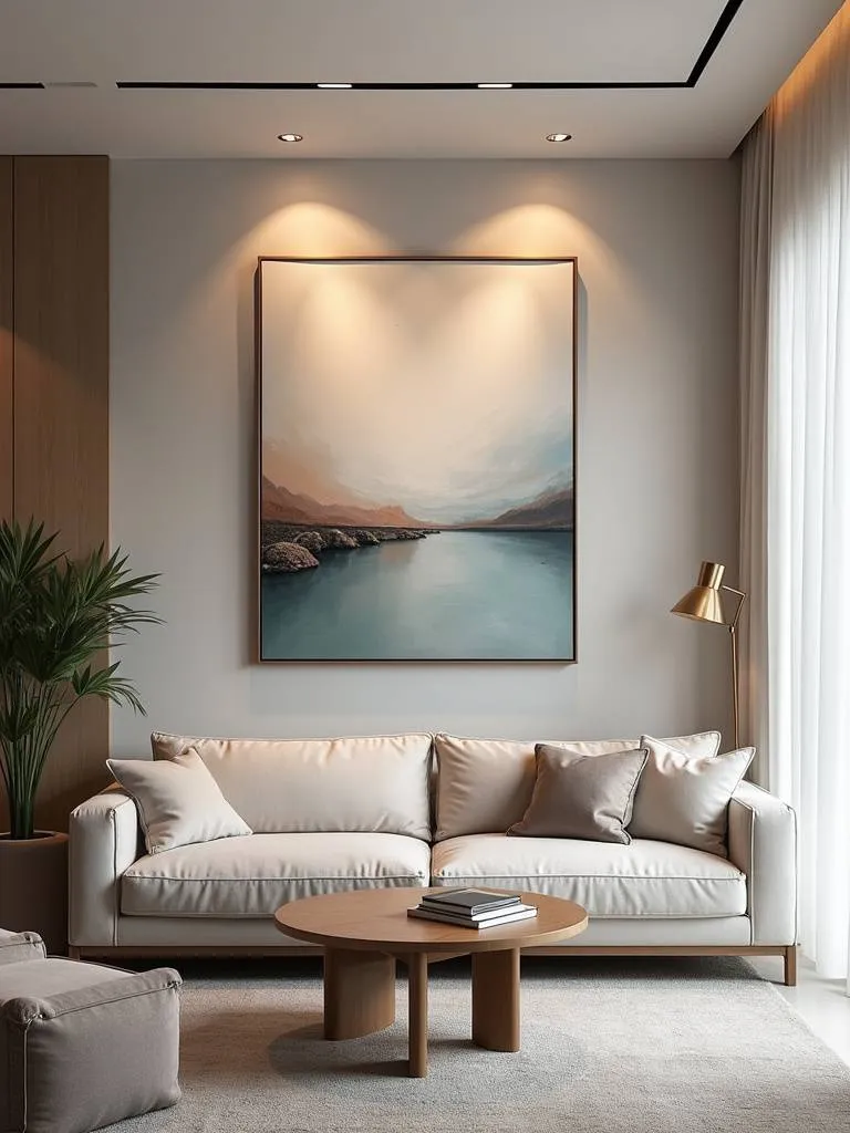 A living room featuring a large abstract painting above the sofa.