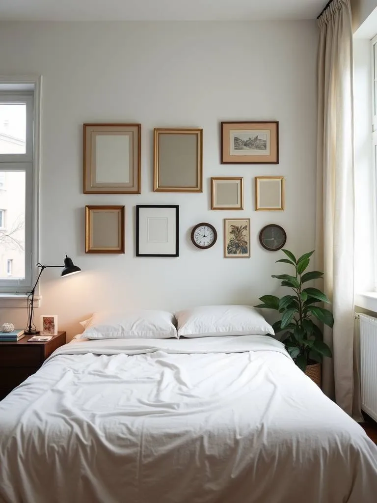 A well arranged gallery wall on the headboard wall in a small bedroom.