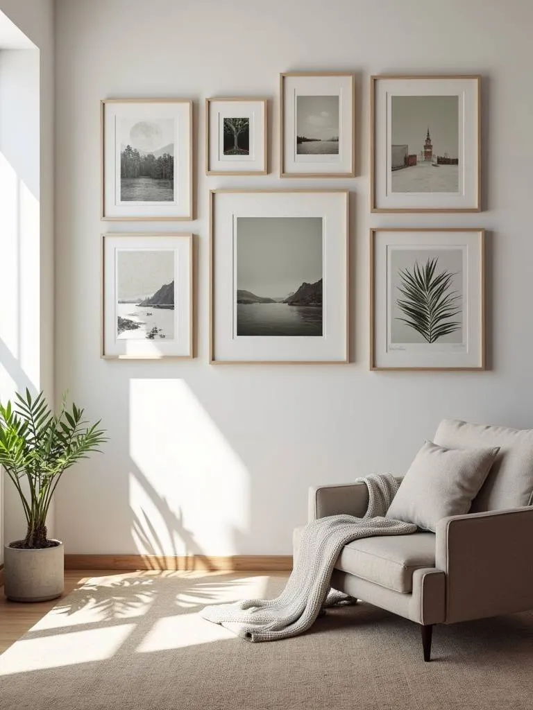 A living room gallery wall featuring different artworks in various sized frames.