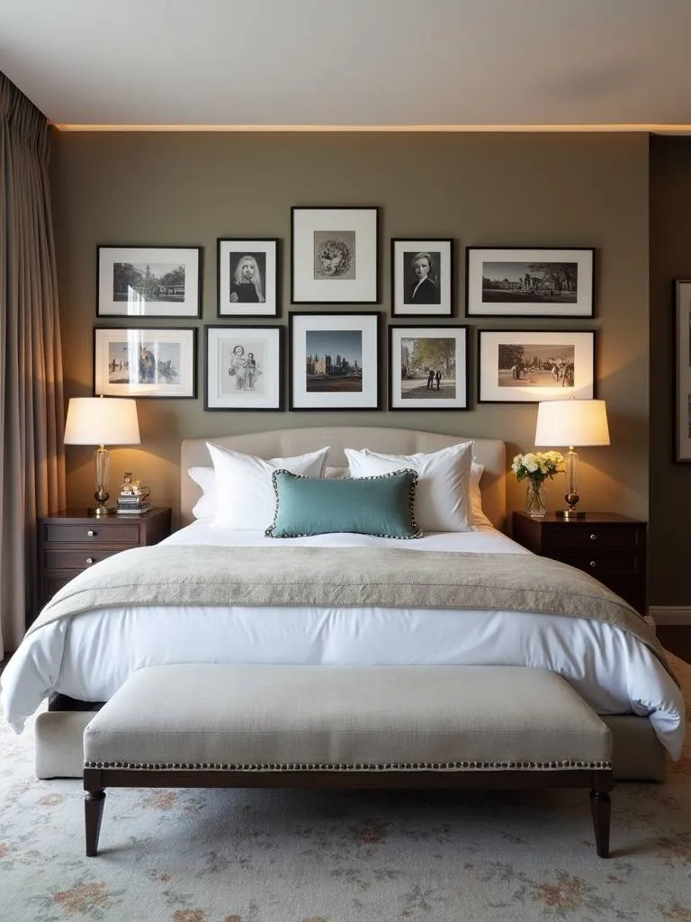 A stylish bedroom with a gallery wall above the bed, filled with a variety of artwork, creating a unique focal point.