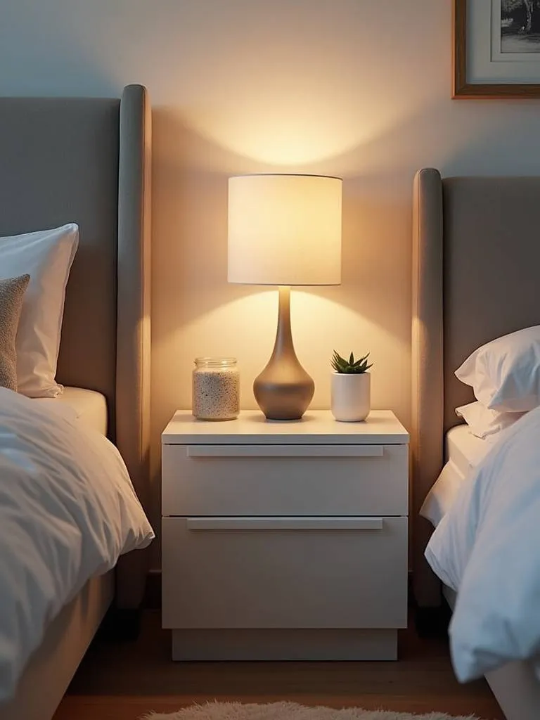A tidy bedroom nightstand, organized with a minimalist approach that promotes calm and order.