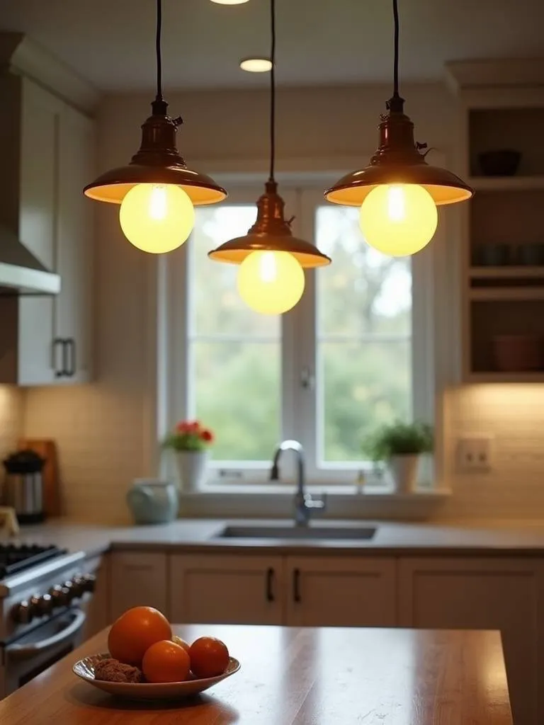 Pendant lights over the kitchen table providing soft warm light in the room.