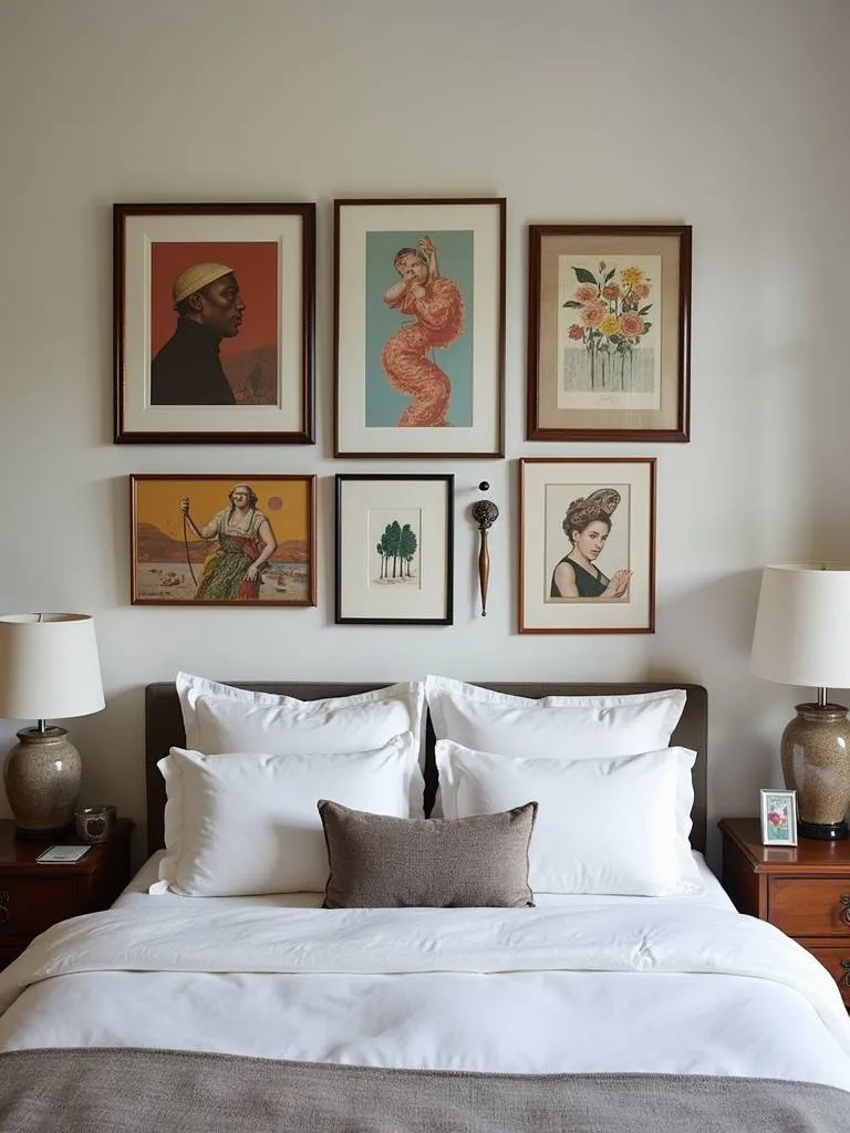 An artistic bedroom featuring a curated wall art gallery