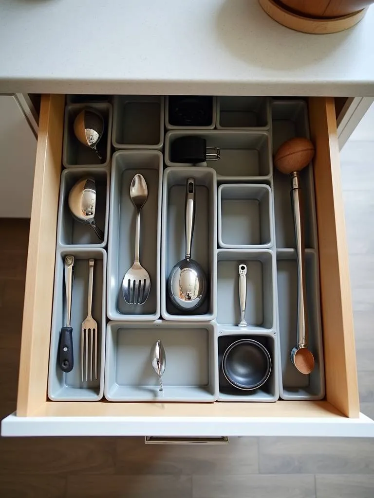 An open kitchen drawer with functional and efficient modular organizers.