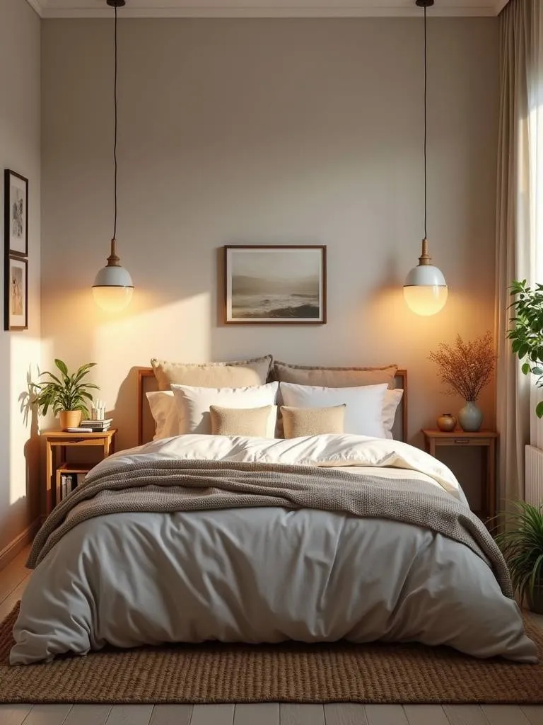 A contemporary small bedroom with a variety of creative lighting options.