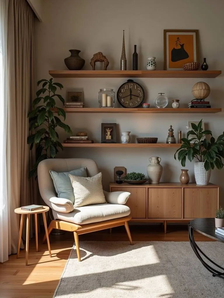 A living room shelf showcasing a curated collection of various items.