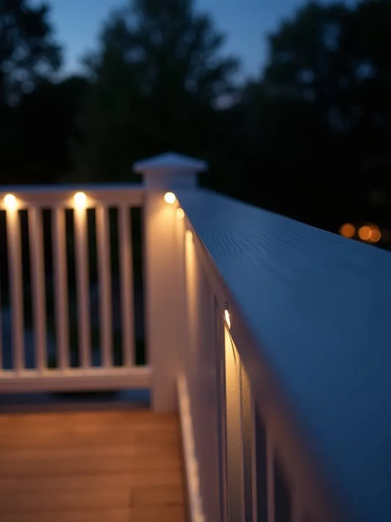 A custom deck railing with integrated lighting, creating a beautiful ambiance during evening hours.