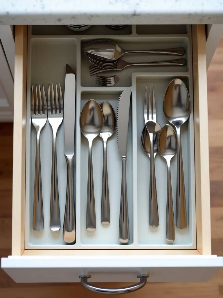 A cutlery tray organizer in a kitchen drawer with neatly arranged utensils.