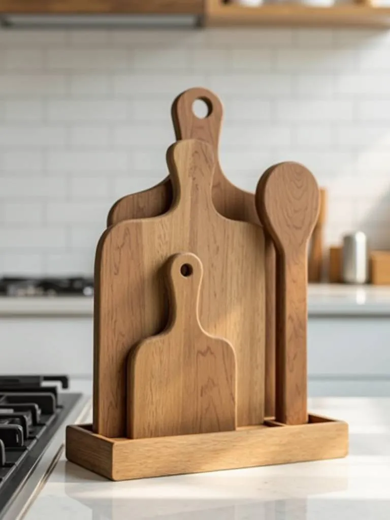 Image of a wooden cutting board organizer holding several cutting boards vertically on a kitchen counter