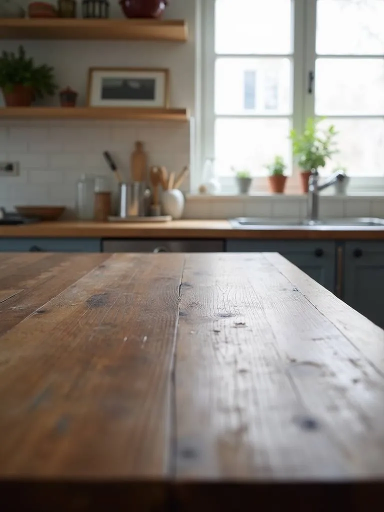 Close up shot of a DIY kitchen countertop made of stained rustic wood.