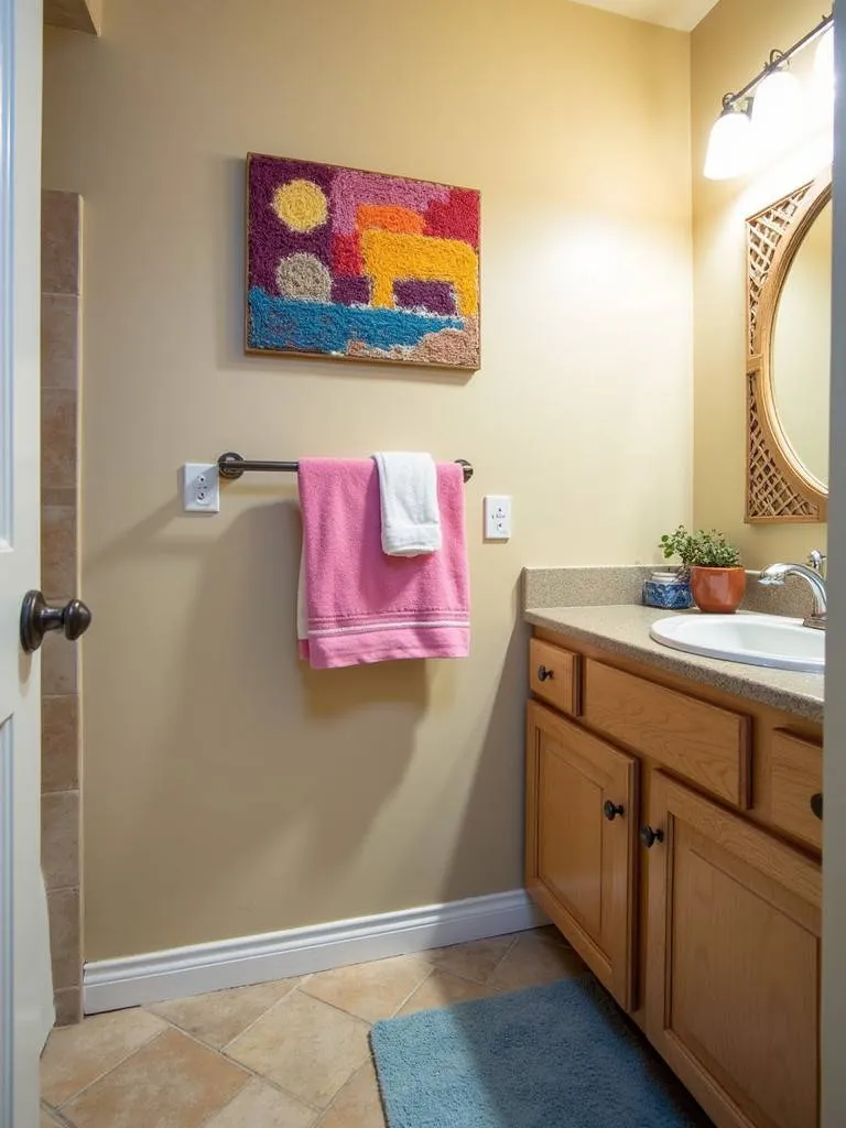A colorful, DIY bathroom featuring a string art piece above the towel rack.