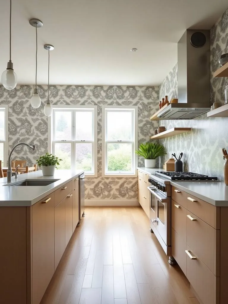 A modern kitchen featuring damask pattern wallpaper