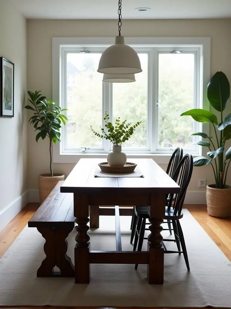 A dark wood farmhouse table and bench in a contemporary, bright dining area with farmhouse touches
