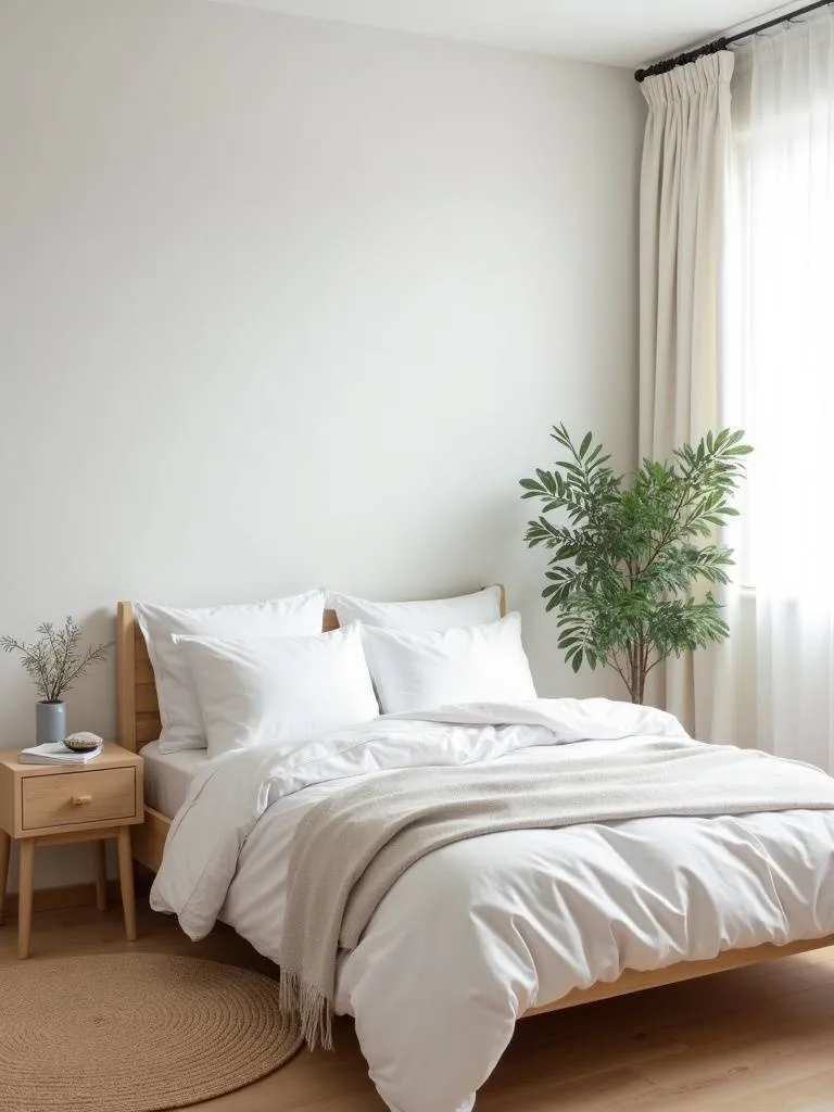 Well lit small minimalist bedroom, well organized and uncluttered.