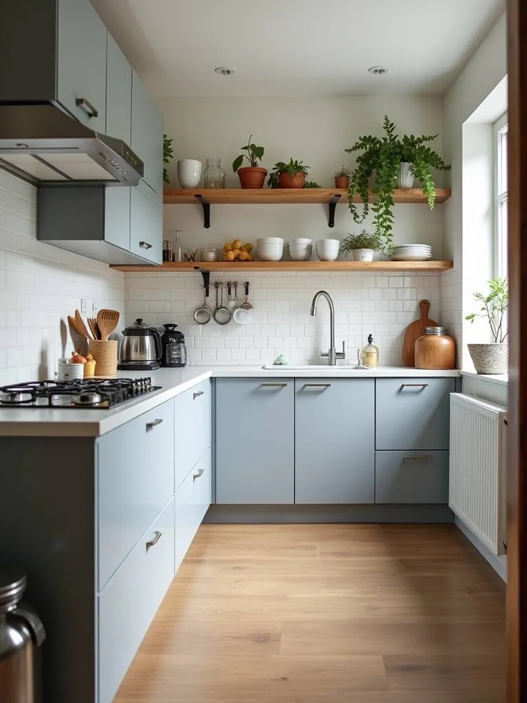 a small, well-organized kitchen, showing the benefits of regular decluttering and efficient organization.