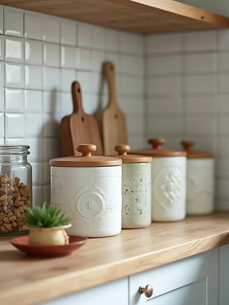 Stylish kitchen shelf details featuring well-organized and decorative canisters.