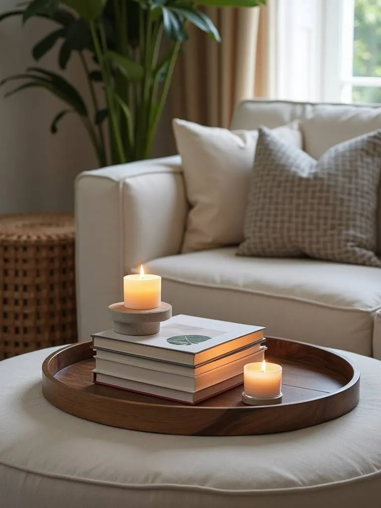 A decorative tray on a coffee table, holding books and candles.
