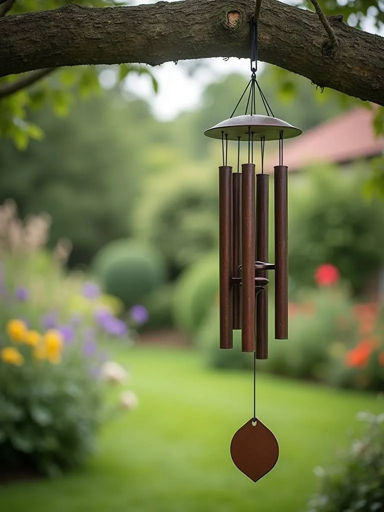 A decorative wind chime hanging from a tree branch.