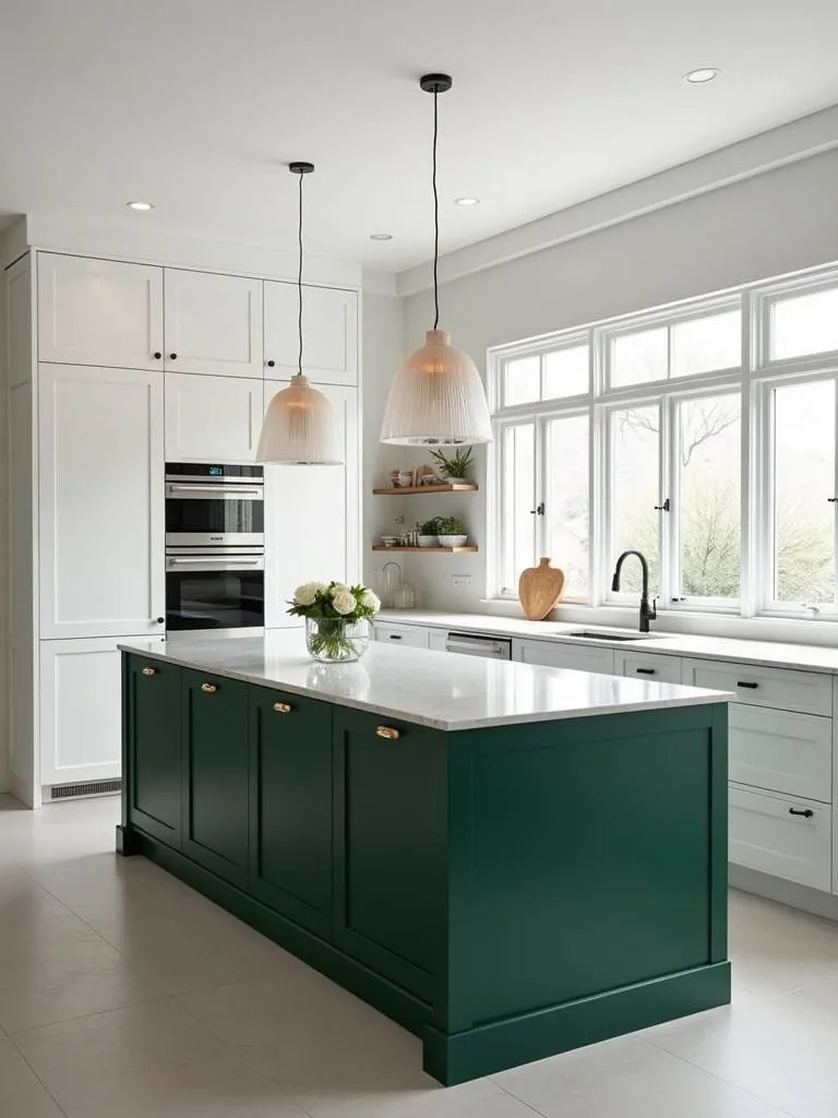 A modern white kitchen with a sophisticated deep forest green island, complemented by a light-colored marble countertop
