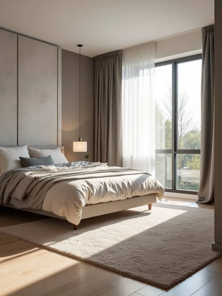 A thoughtfully designed bedroom that uses an area rug to delineate the space, adding warmth and visual appeal.