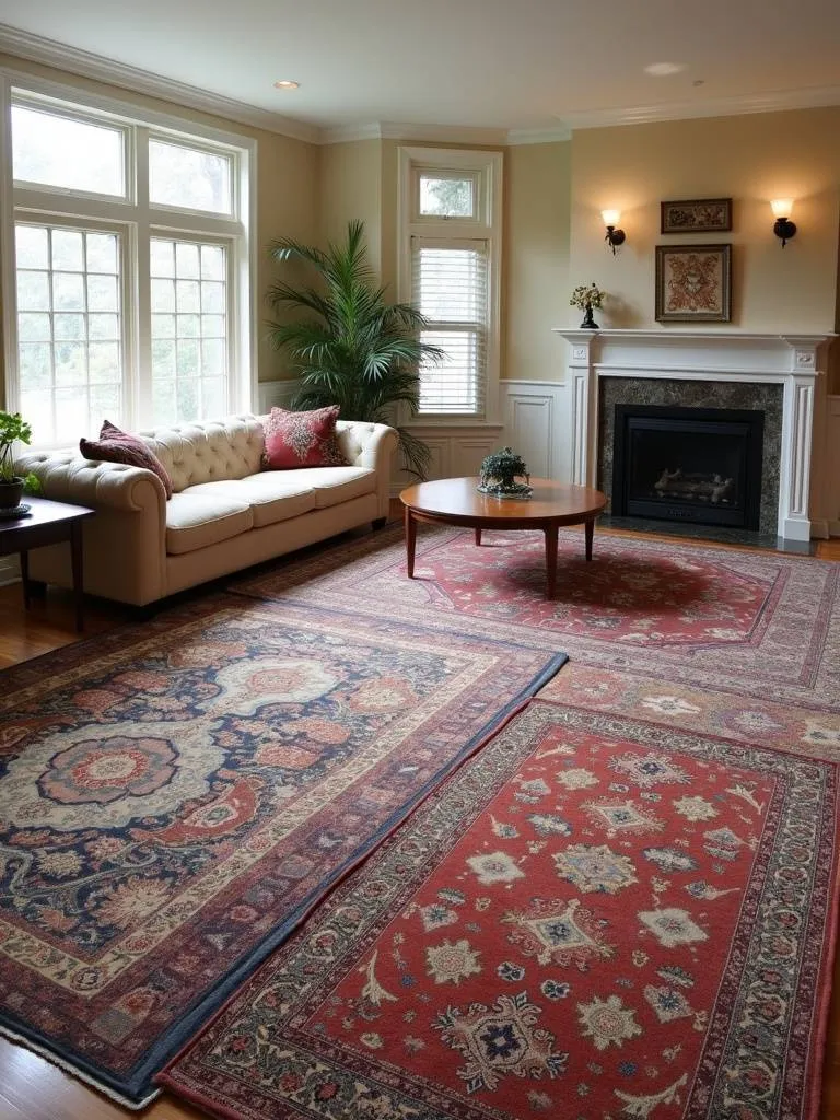 A living room with areas defined through multiple area rugs of various colors and patterns.