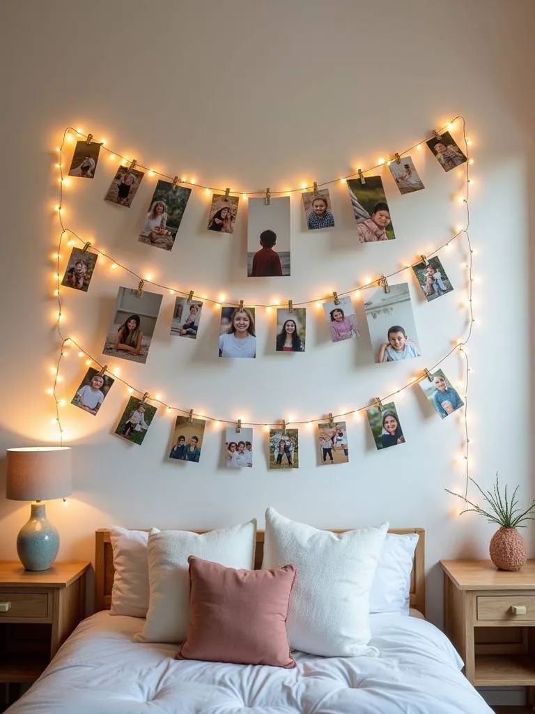 A bedroom wall featuring a personalized photo display using a string of lights with clips, creating a unique and warm ambiance