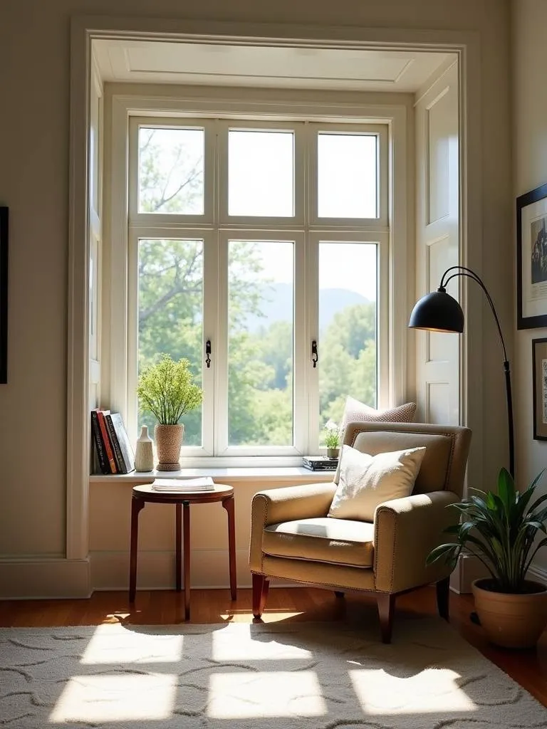 A cozy reading nook in a living room near a window, featuring a comfortable chair and small lamp.