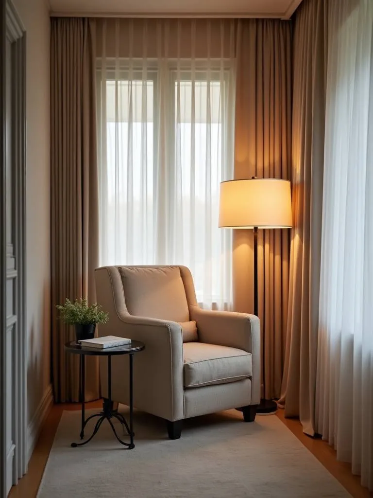 A welcoming bedroom with a reading nook, including a comfortable armchair, a floor lamp, and a side table for a relaxing atmosphere.