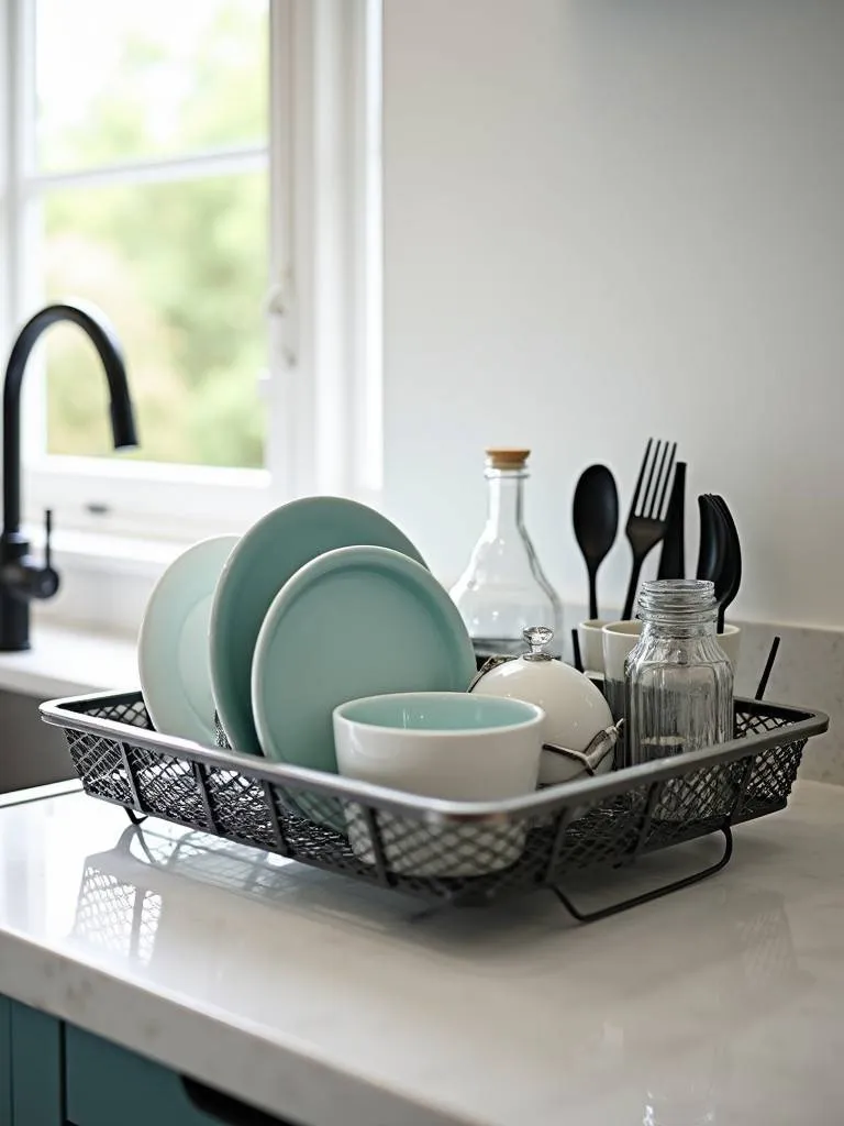 A dish drying rack holding various dishes next to a kitchen sink